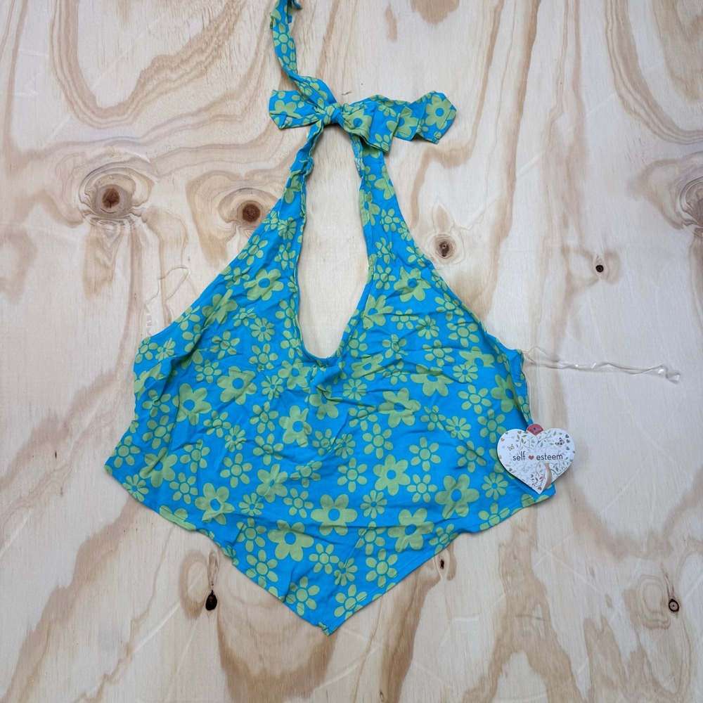 Self Esteem Halter Top Womens Small Blue Green Floral Retro Y2K Handkerchief Hem